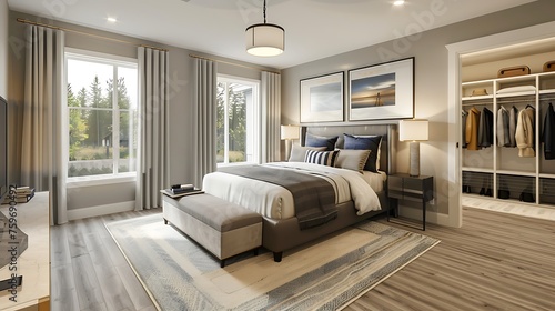 Modern style large bedroom with a platform bed and a walk-in closet outfitted with sleek organizers and a dressing island