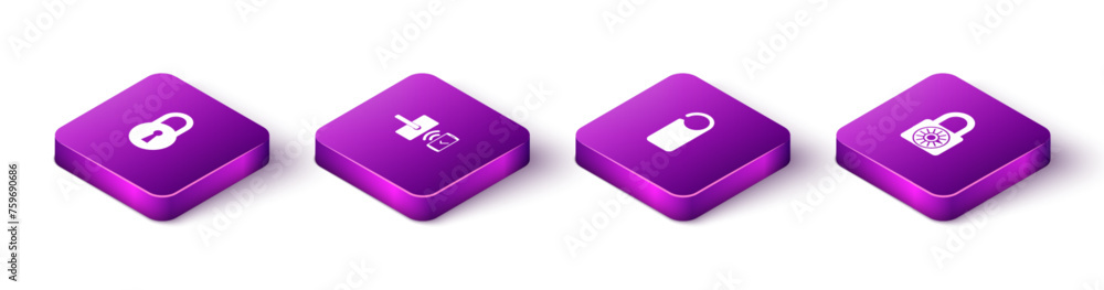 Set Isometric Lock, Digital door lock with wireless, Please not disturb and Safe combination wheel icon. Vector Set Isometric Lock, Digital door lock with wireless, Please not disturb and Safe combination wheel icon. Vector