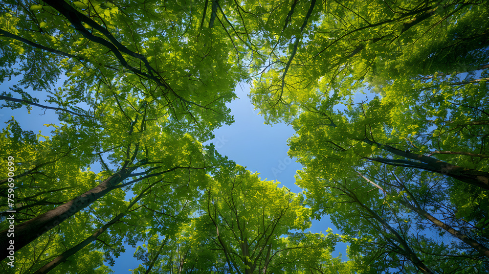 Fototapeta premium A view from below of trees in a forest with green tops and a blue sky background.