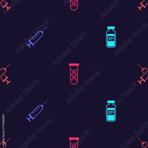 Set Medical vial, ampoule, Syringe, DNA research, search and Crossed syringe on seamless pattern. Vector