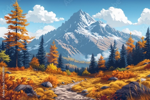 Stylized vector illustration of an autumn mountain landscape with pine trees and snowcapped peaks