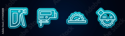 Set line Construction stapler, Electric jigsaw, circular and . Glowing neon icon. Vector