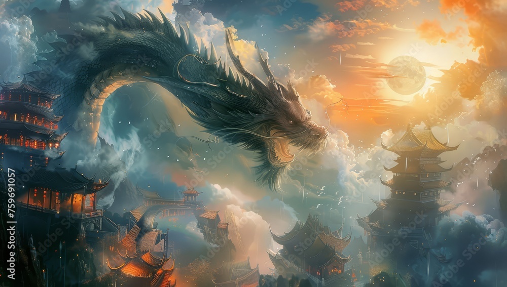 The Chinese dragon, surrounded by auspicious clouds and the golden moon in the background - obrazy, fototapety, plakaty 
