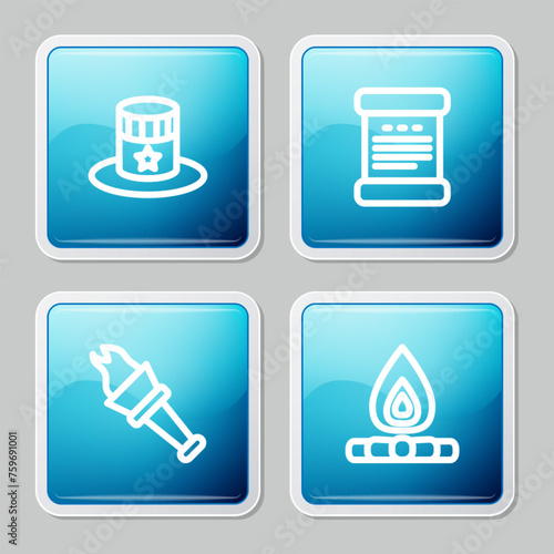 Set line Patriotic American top hat, Declaration of independence, Torch flame and Campfire icon. Vector