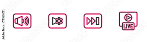Set line Speaker volume, Fast forward, Music video settings and Live stream icon. Vector