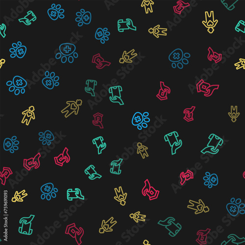 Set line Veterinary clinic, Clothes donation, Volunteer and Shelter for homeless on seamless pattern. Vector