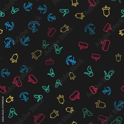 Set line Anchor, Smoking pipe, Ship bell and Submarine on seamless pattern. Vector