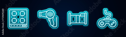Set line Gas stove, Hair dryer, Bed and Gamepad. Glowing neon icon. Vector