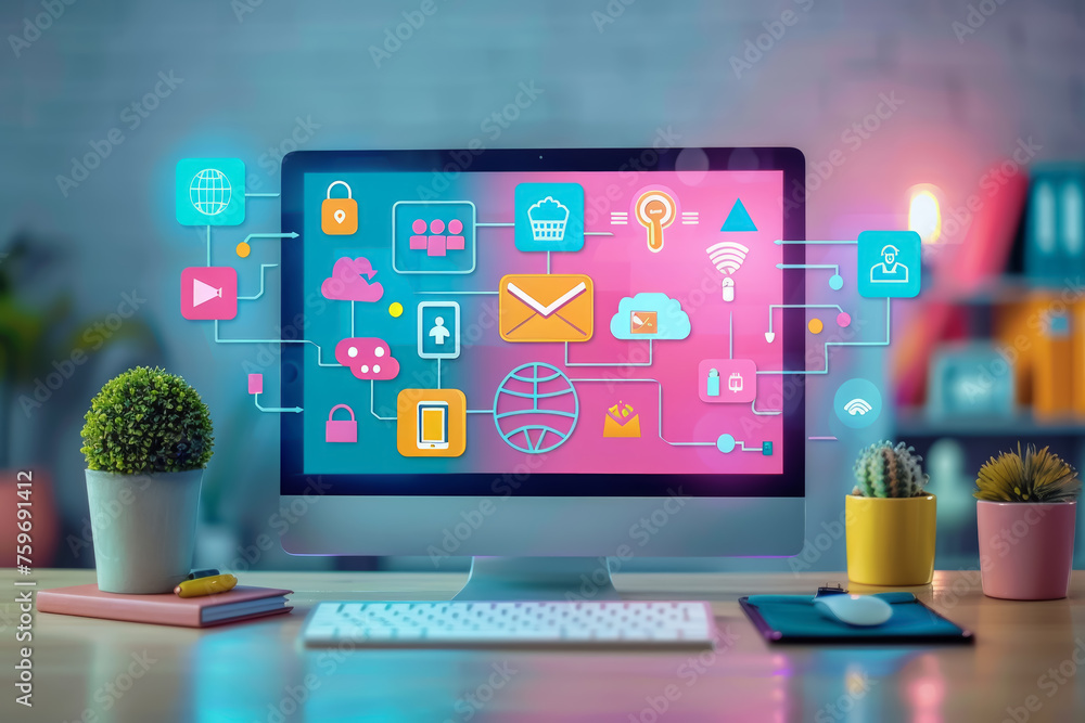 Computer screen with colorful and modern social media and connectivity icons on a wooden desk Computer screen with colorful and modern social media and connectivity icons on a wooden desk