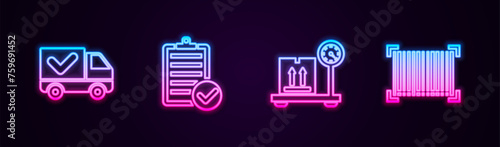 Set line Delivery truck with check mark, Verification of delivery list, Scale cardboard box and Barcode. Glowing neon icon. Vector