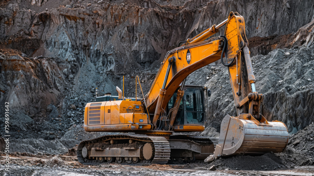 Orange excavator in construction site with rocky terrain representing development and industrial machinery