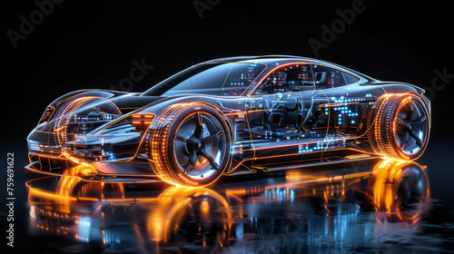 A concept car with a fully transparent body and illuminated edges creates a stunning visual on a dark reflective surface.