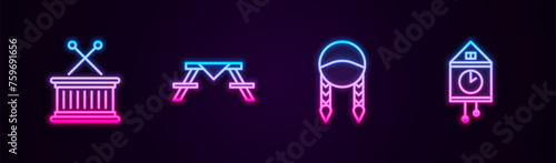 Set line Musical drum and sticks, Picnic table with benches, Braid and Retro wall watch. Glowing neon icon. Vector