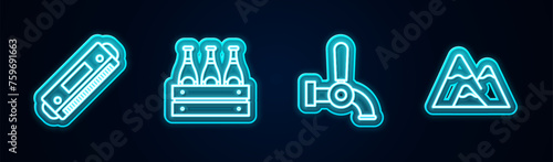Set line Harmonica, Pack of beer bottles, Beer tap and Mountains. Glowing neon icon. Vector