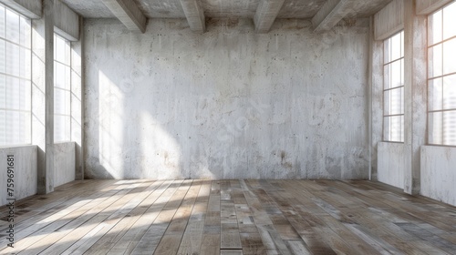 Empty room with white cement walls and wood laminate floor.  Sun light cast the shadow on the wall panel. Perspective of minimal interior design background.