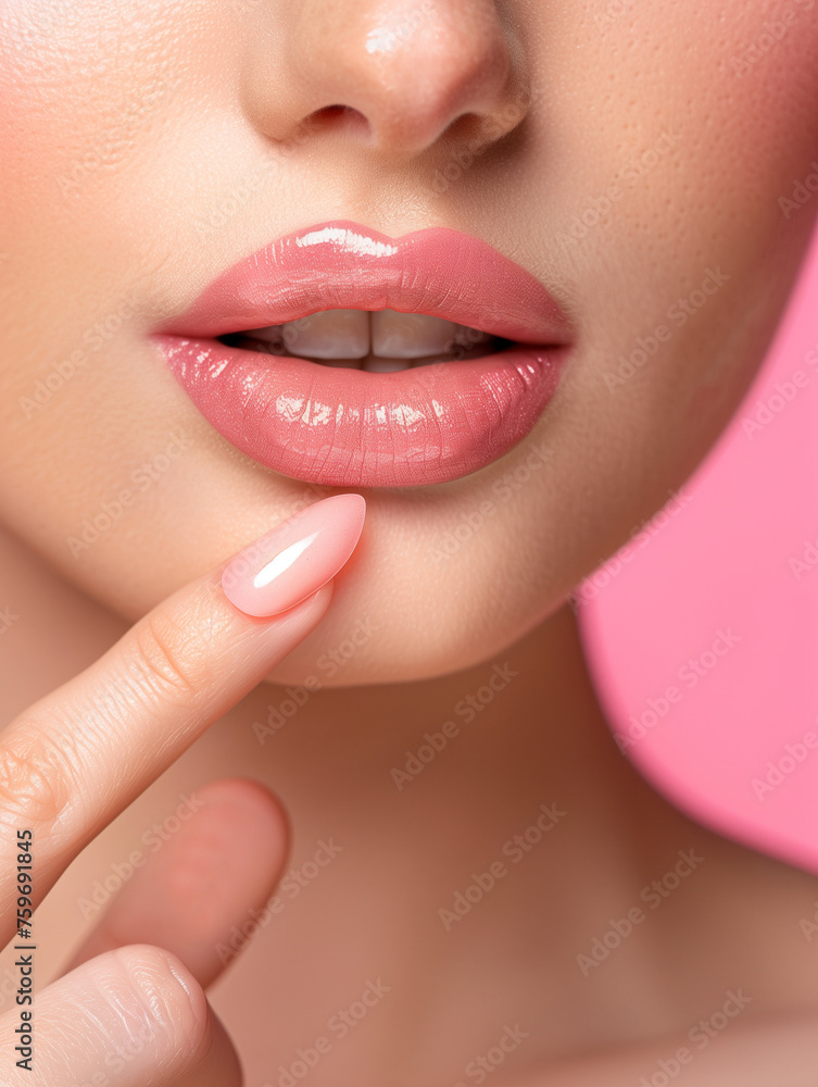 Obraz premium Close up view of young beautiful caucasian woman face over pink background. Lips contouring, SPA therapy, skincare, cosmetology and plastic surgery concept