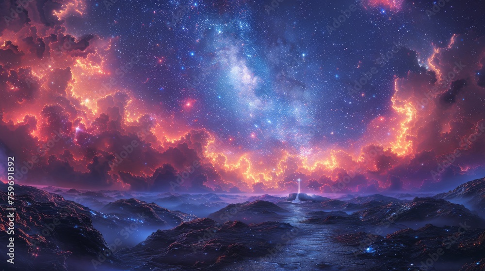 Naklejka premium Starry nebula forest shrine under a cosmic cascade