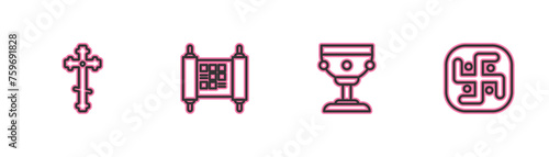 Set line Christian cross, chalice, Decree, paper, parchment, scroll and Jainism icon. Vector