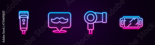 Set line Electrical hair clipper or shaver, Barbershop, Hair dryer and Hand mirror. Glowing neon icon. Vector