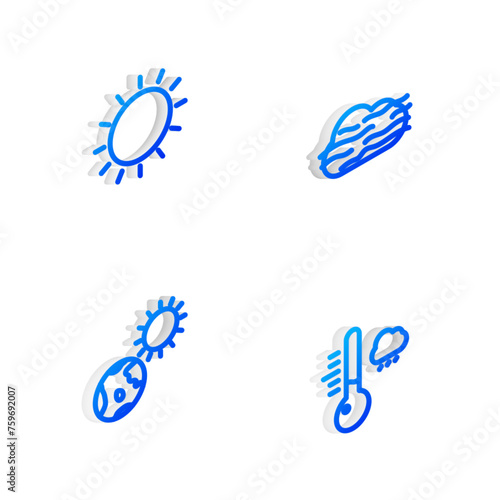 Set Isometric line Fog and cloud  Sun  Earth globe sun and Meteorology thermometer icon. Vector