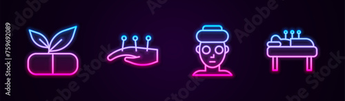 Set line Medical pill with plant, Acupuncture therapy, Facial cosmetic mask and . Glowing neon icon. Vector