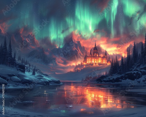 Enchanted glacier palace reflecting polar lights