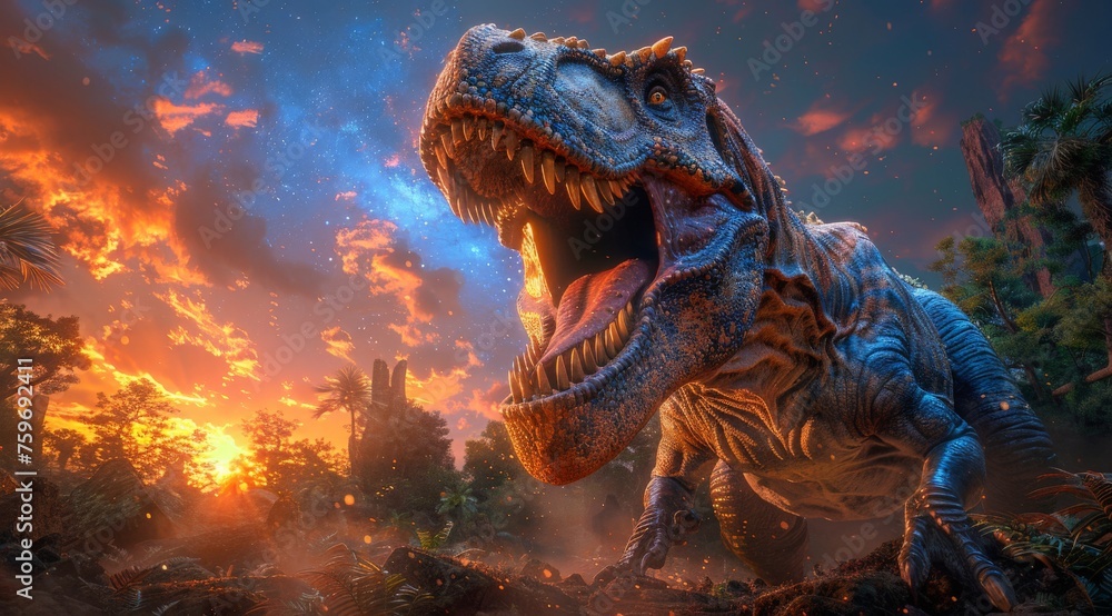 An imposing Tyrannosaurus Rex roars mightily against a backdrop of a fiery sunset and prehistoric foliage An imposing Tyrannosaurus Rex roars mightily against a backdrop of a fiery sunset and prehistoric foliage