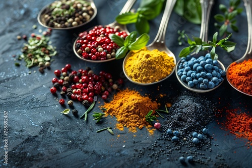 Different assortment of spices powder on stone background generated with Ai.
