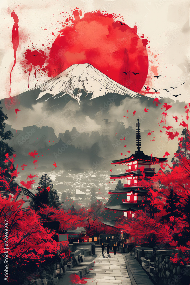 Japan style poster with mount fuji bakground, sakura, pagoda landscape