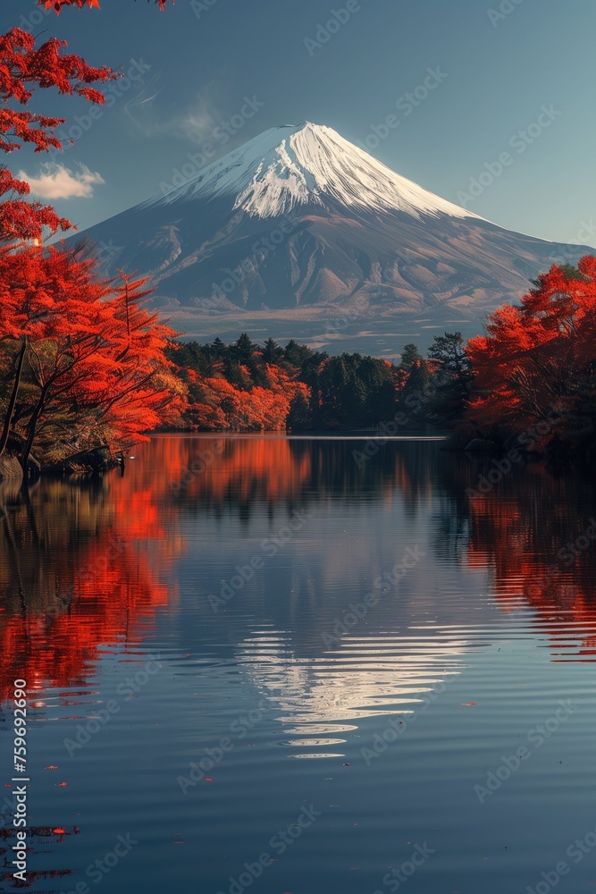 Fototapeta premium Japan style poster with mount fuji bakground, sakura, pagoda landscape
