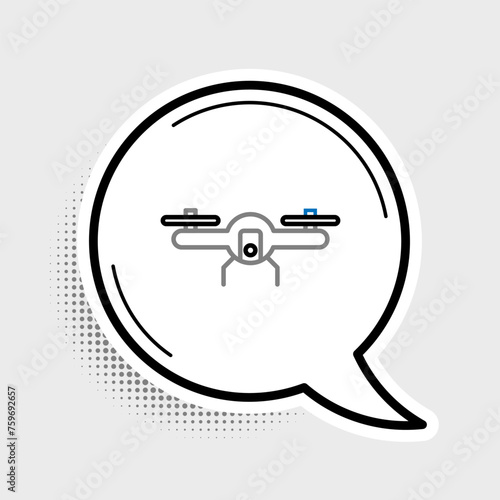 Line Drone flying icon isolated on grey background. Quadrocopter with video and photo camera symbol. Colorful outline concept. Vector