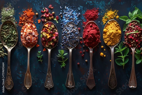 Different assortment of spices powder on stone background generated with Ai. photo