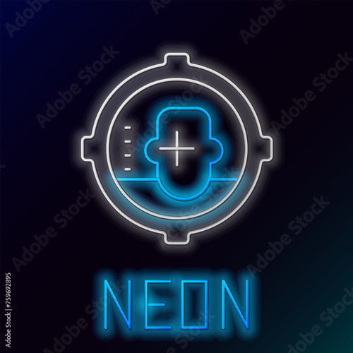 Glowing neon line Headshot icon isolated on black background. Sniper and marksman is shooting on the head of man, lethal attack, assault and assassination. Colorful outline concept. Vector