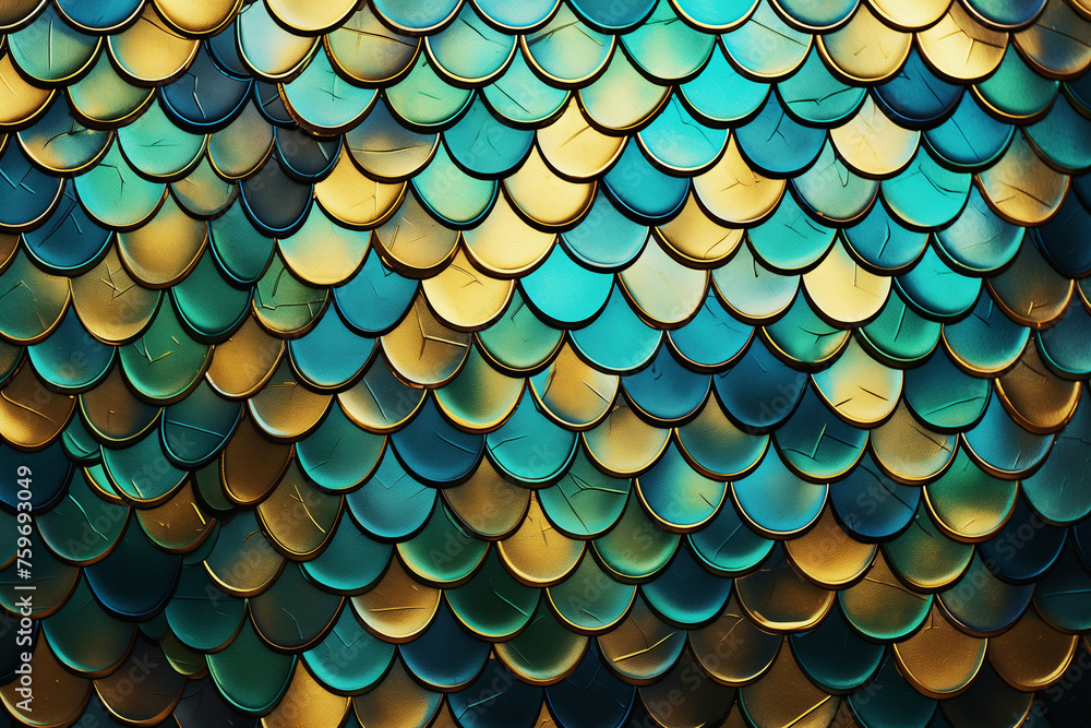 Abstract animal background. Pattern with glamorous realistic fish or amphibian scales in gold and turquoise tones. Generated by AI. Abstract animal background. Pattern with glamorous realistic fish or amphibian scales in gold and turquoise tones. Generated by AI.