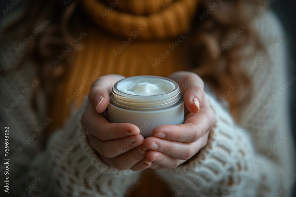 A soothing image of hands warmly wrapped in a knitted sweater gently holding a jar of cream A soothing image of hands warmly wrapped in a knitted sweater gently holding a jar of cream