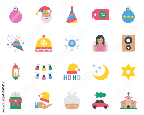 Flat color icons set for Merry Christmas.