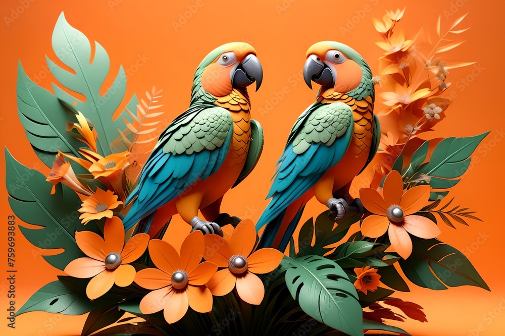 Obraz premium a beautiful colored parrot sits on a branch with flowers, 3D.