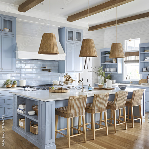 Kitchen and Kitchen Table of a House by the Sea or Lake Generative AI
