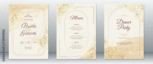 Luxury wedding invitation card template with gold frame and rose bouquet golden design    