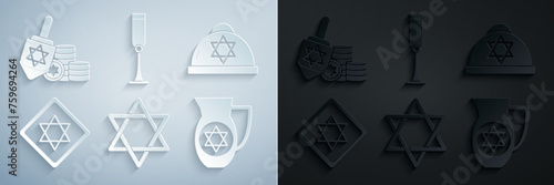 Set Star of David, Jewish kippah with star david, Decanter, goblet and Hanukkah dreidel and coin icon. Vector