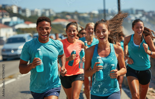 A group of friends running together on the road, smiling and laughing while holding sports bottles in their hand