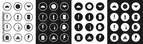 Set Sauce boat, Pepper, Knife, Covered with tray of food, Cutting board, Plate, Oven glove and Blender icon. Vector
