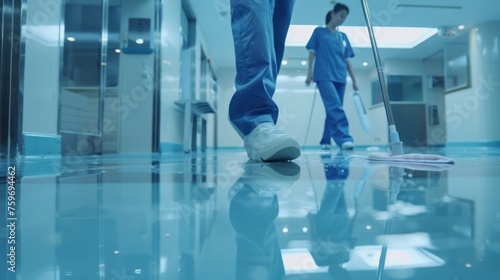 Worker cleaning floor with mop in the hospital. photo