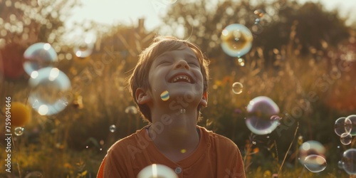 child blowing soap bubbles in nature Generative AI