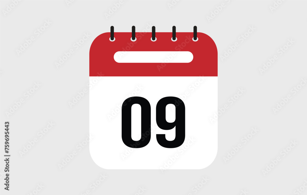 Vector illustration of red calendar icon marked on day 9. Vector illustration of red calendar icon marked on day 9.