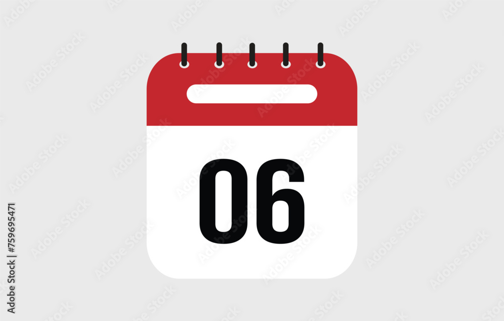 Vector illustration of red calendar icon marked on day 6. Vector illustration of red calendar icon marked on day 6.