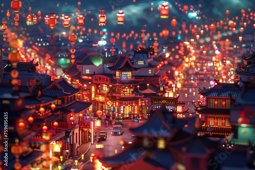 Magical night view of a traditional Asian town adorned with glowing red lanterns