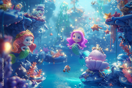 Two cartoon mermaids with a colorful coral reef and marine life © Татьяна Евдокимова