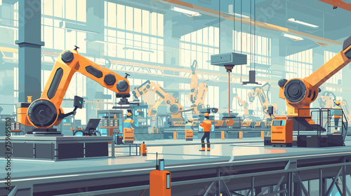 illustration automated efficiency modern industry within factory production line and workers in safety gear