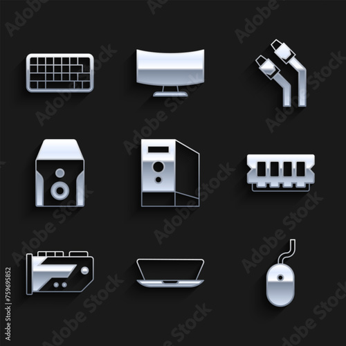Set Case of computer, Laptop, Computer mouse, RAM, random access memory, Video graphic card, Uninterruptible power supply, LAN cable network internet and Keyboard icon. Vector